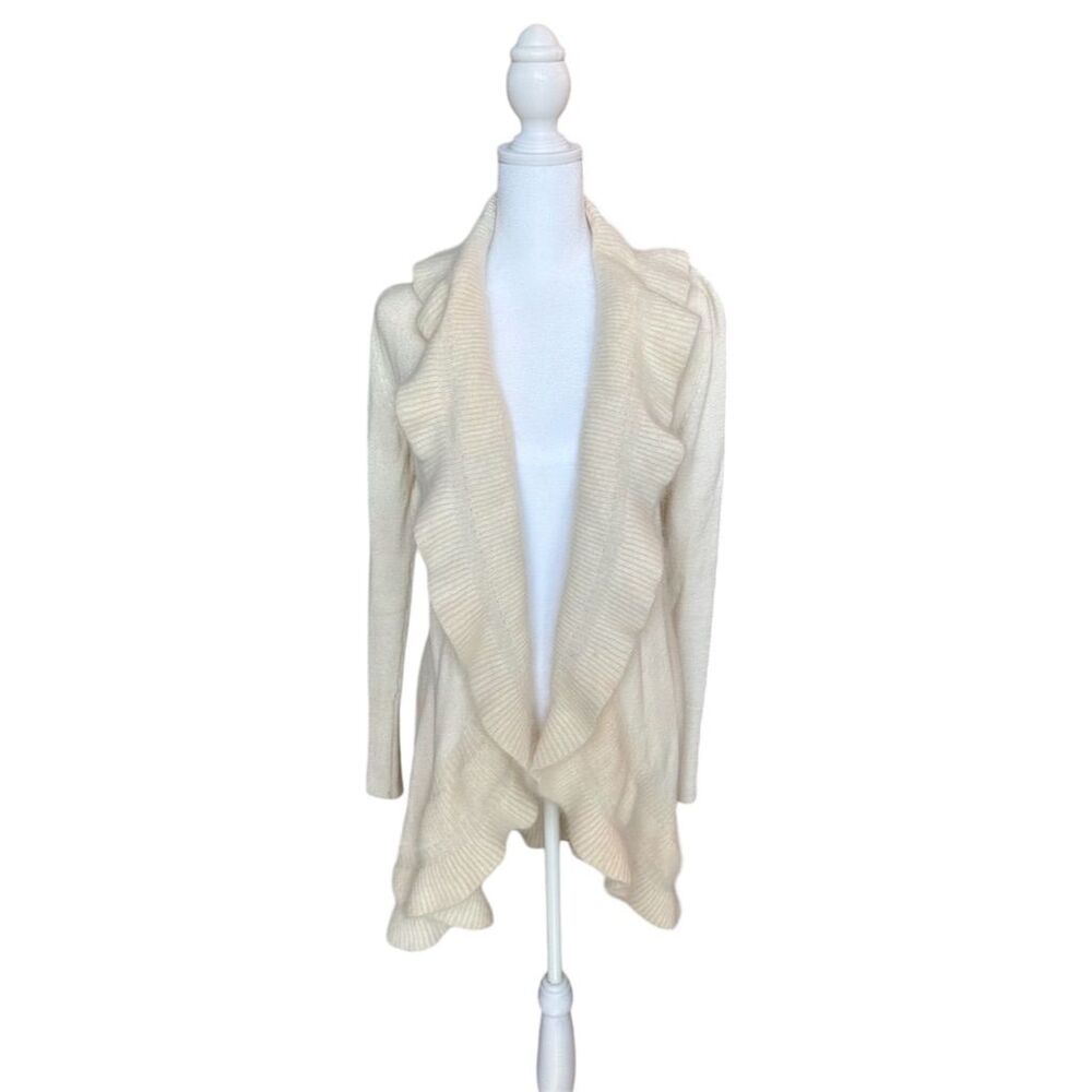White House Black Market Women's XS Ivory Cardigan Sweater Ruffled Edges